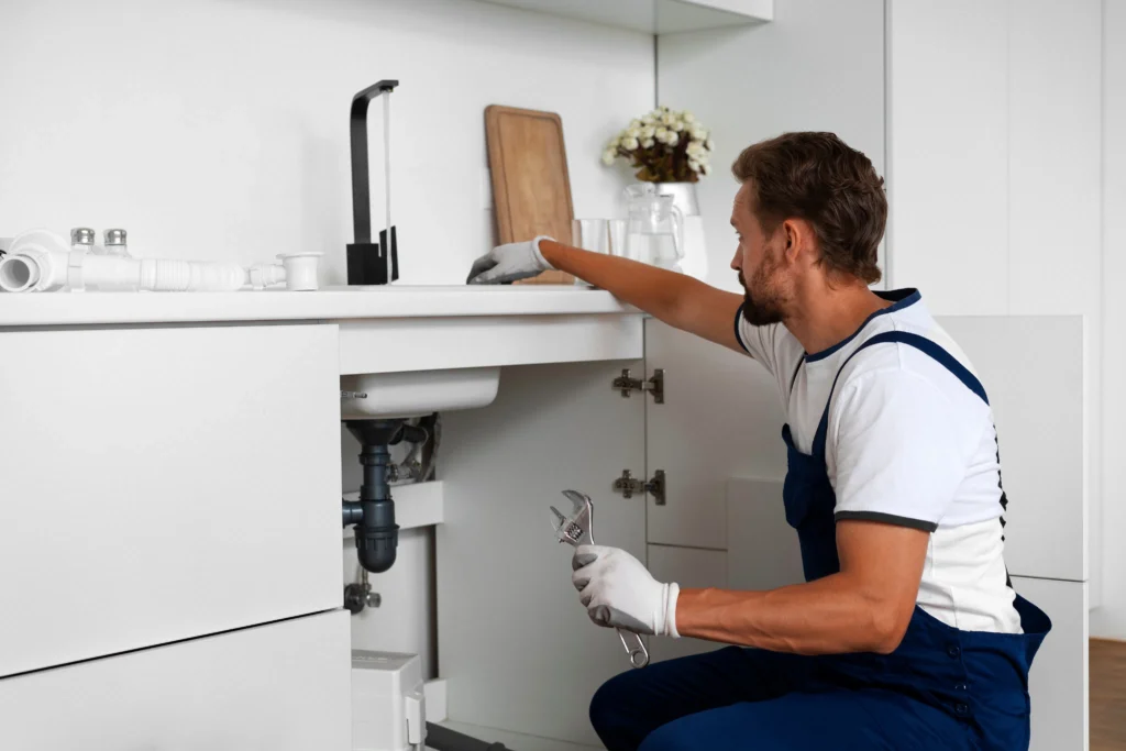 A plumber in blue overalls works under a modern kitchen sink, holding a wrench while inspecting pipes and fixtures.